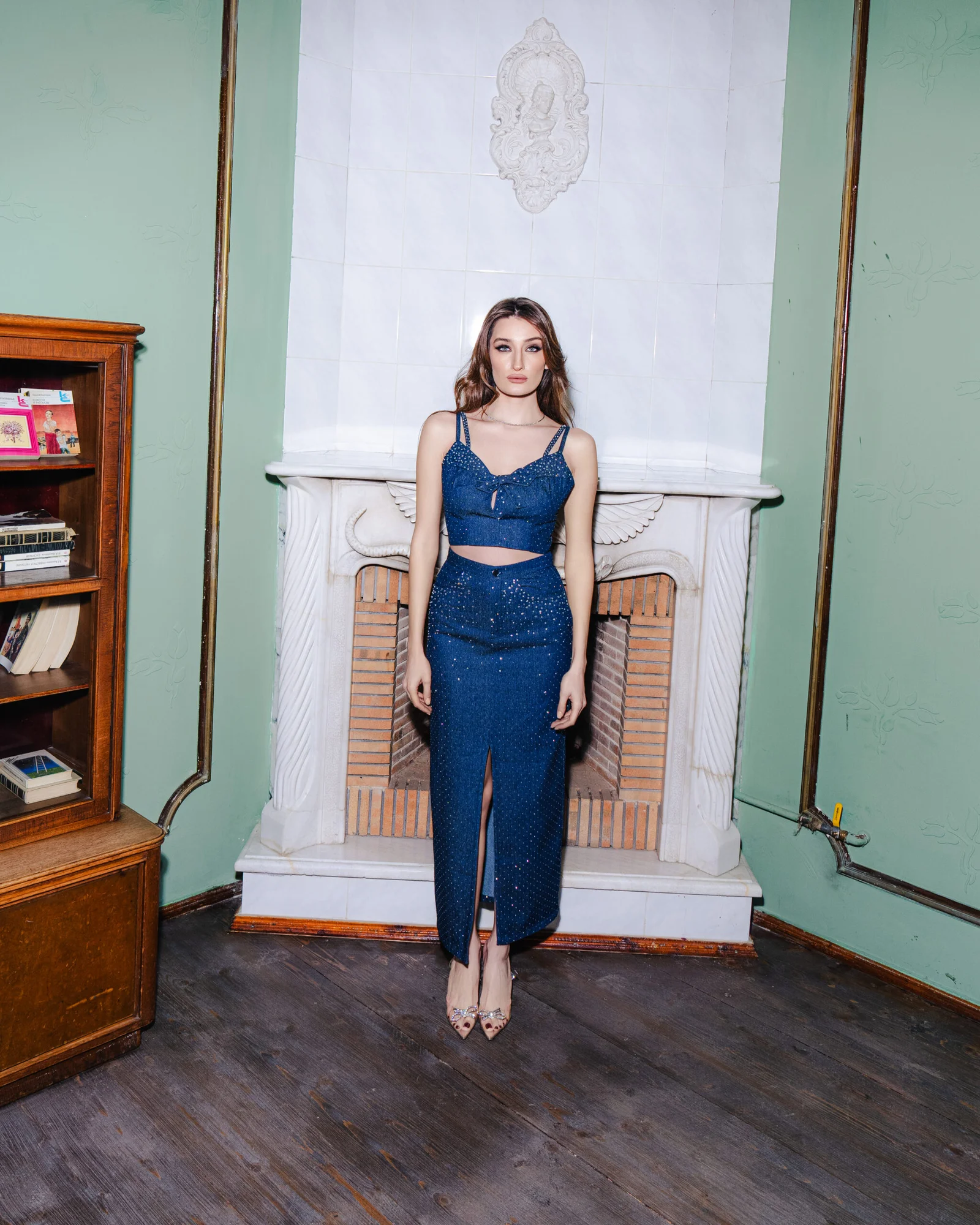 Crystal-Embellished Denim Skirt And Top Set